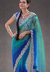 Flattering Blue And Turquoise Net Saree