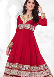 Red Resham Enhanced Churidar Suit